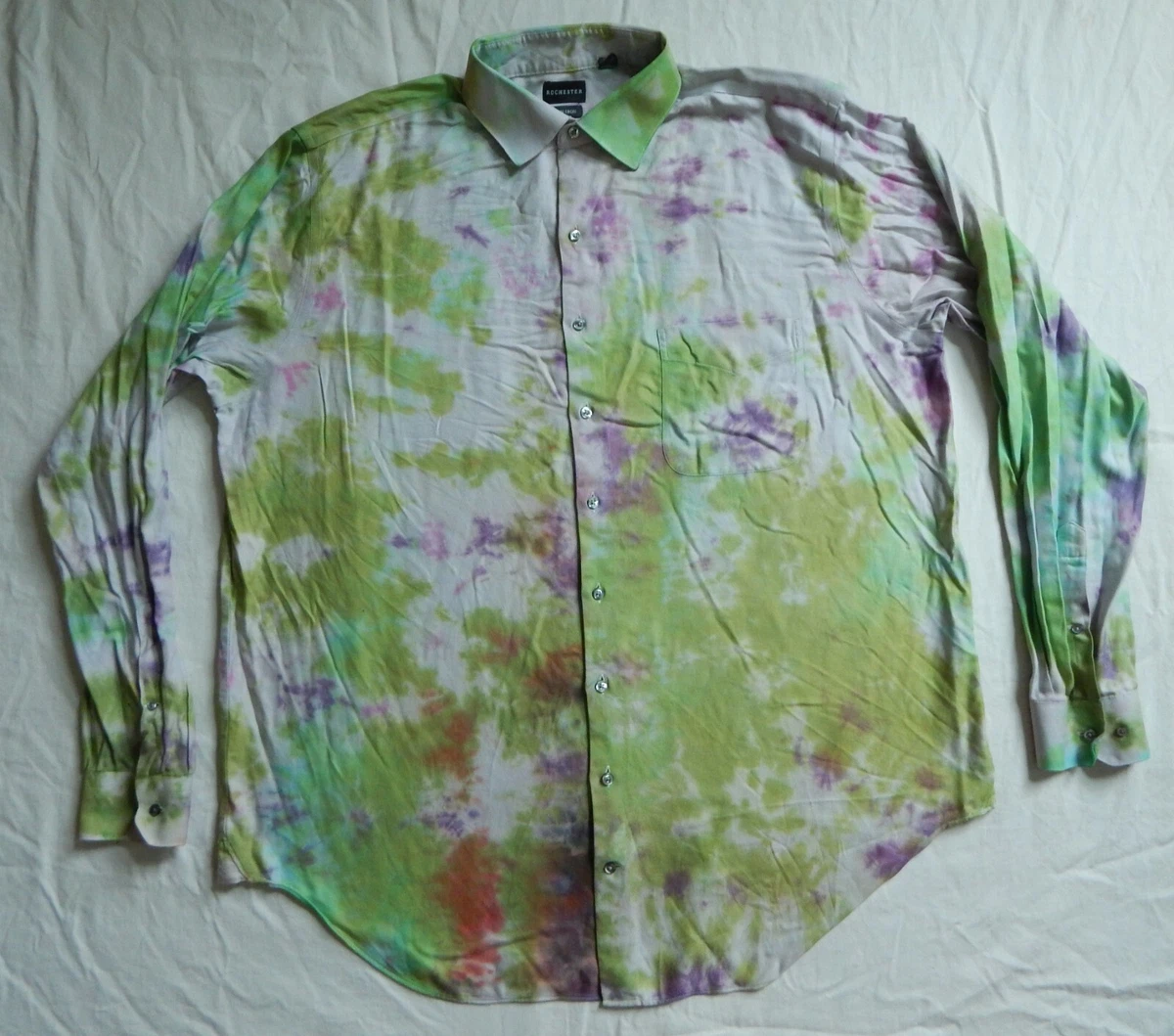 Tie Dye Purple Green Gray Long Sleeve Button Down Shirt - 2XL Mens Hand  Made 18