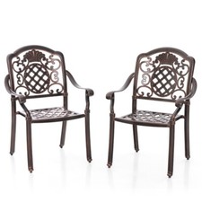 Set of 2 Metal Patio Outdoor Cast Aluminum Dining Chairs With Curved Armrests