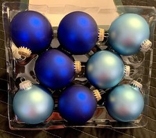 8 Glass Christmas Ornaments Blue Dark/Light VELVET 3-1/4 Balls KREBS Made in USA