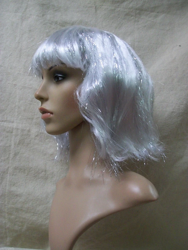 White & Silver Tinsel Bob Costume Wig Majestic Unicorn Celestial Christmas Angel - Image 2 of 4