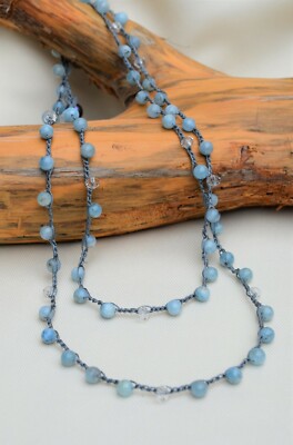 Aquamarine Necklace/Lariat Long Layered Double Wrap Necklace Handmade Yevga 42''