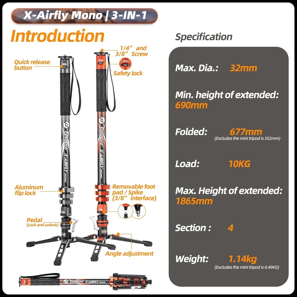Fotopro X-Airfly Monopod with Feet 73'' Carbon Fiber 3-in-1 Travel Monopod - Image 2 of 4