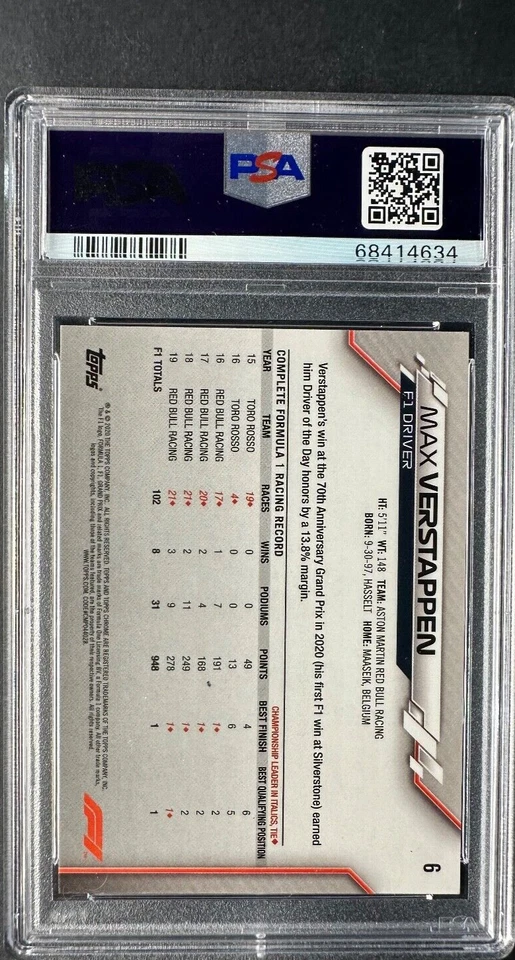 2020 Topps Chrome MAX VERSTAPPEN 1ST Base Portrait Card #6 PSA 10 Formula 1 F1 - Image 2 of 2