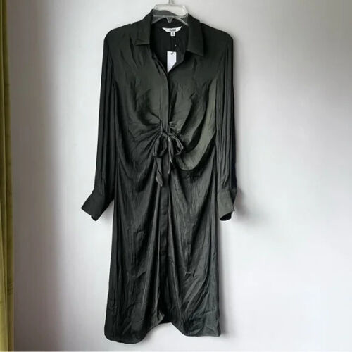 BB Dakota by Steve Madden Bottle Green Front Tie Long Sleeve Satin Shirtdress M