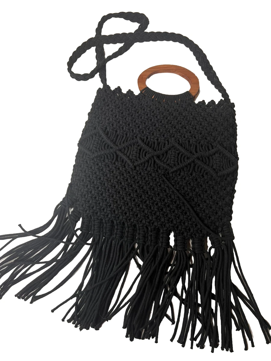 Danielle Nicole Macrame Crochet Black Bag With Wood Handle
