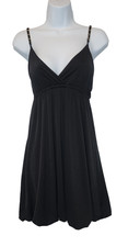 VTG Lette Black Chain Woven Straps Balloon Hem Party Dress V-Neck Size SMALL