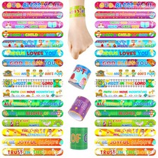 POPLAY 48PCS Christian Slap Bracelets, Snap Wristbands 8.6 inches, Multi