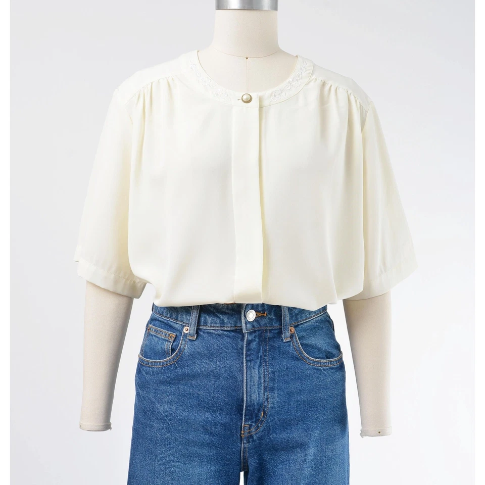 Blusa Vintage Años 90 Crema Bordada Minimal Romántica Floral Manga Corta Top L Foto 2 de 4