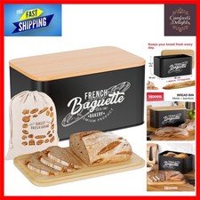 Stylish Retro Bread Bin With Bamboo Lid - Black, 30x18x13.7cm