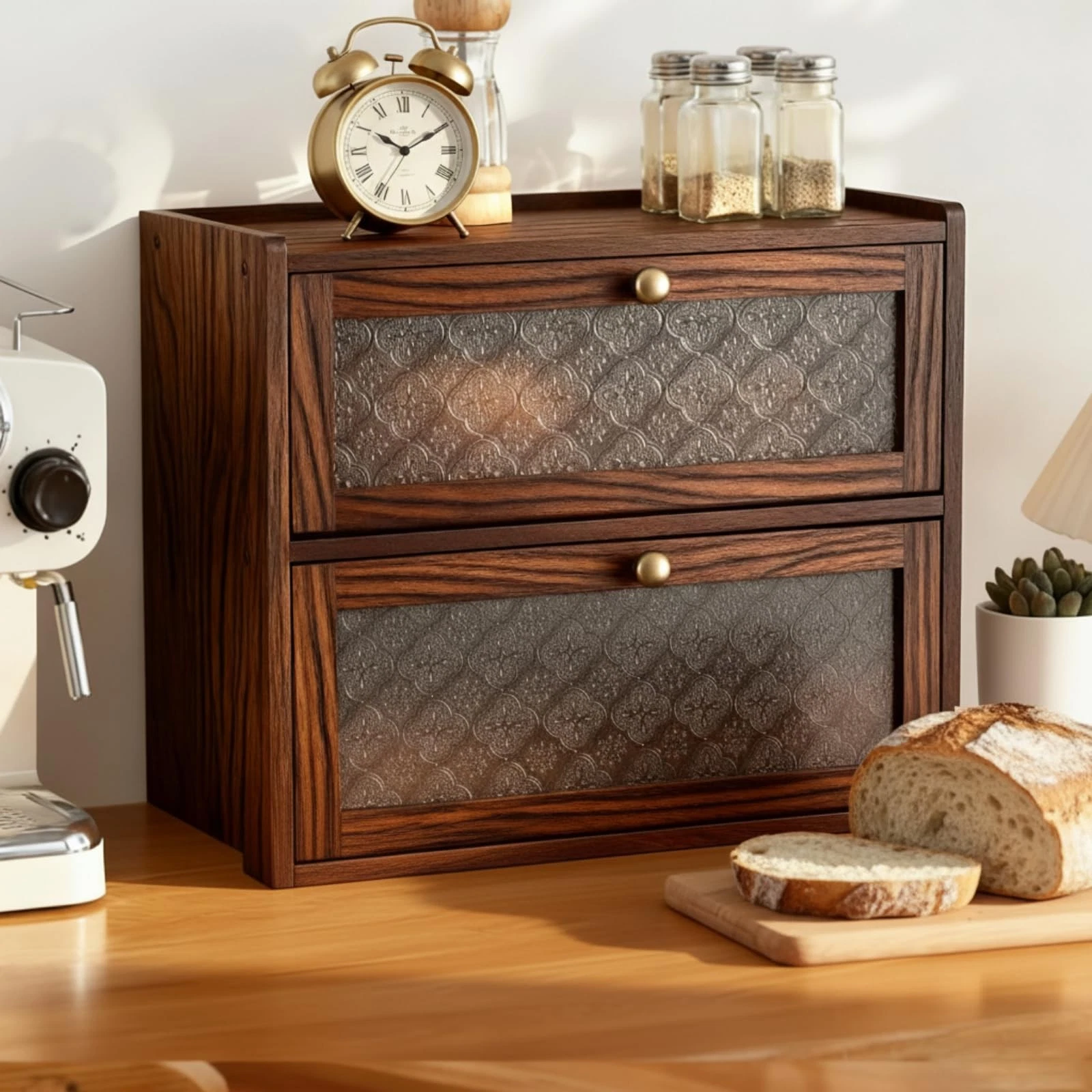 Vintage Bread for Kitchen Countertop Wooden Bread Storage 2 Layer Breadbox Ho...