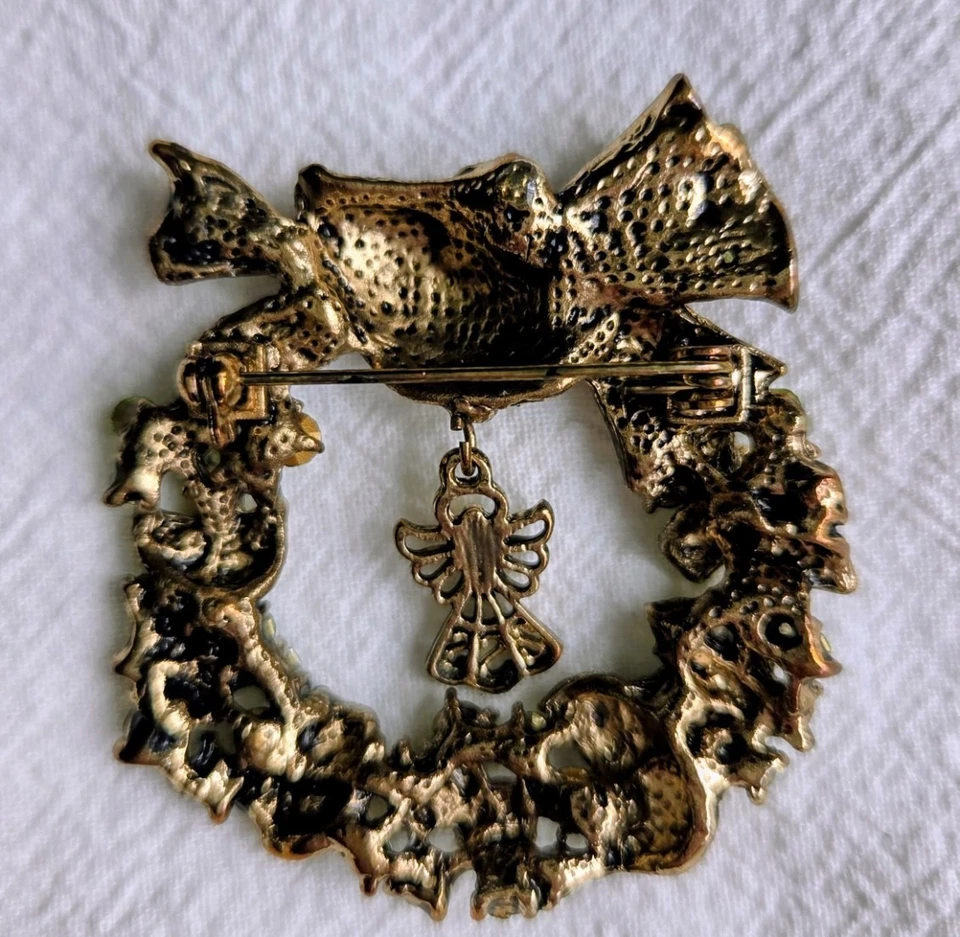 Wreath Brooch Pin With Green Rhinestones Bronze Bow Holiday Jewelry Lapel - Image 2 of 3