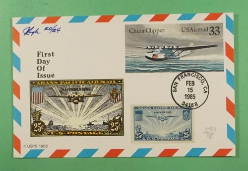 DR WHO 1985 FDC CHINA CLIPPER POSTAL CARD PUGH HAND COLORED CACHET COMBO R39971