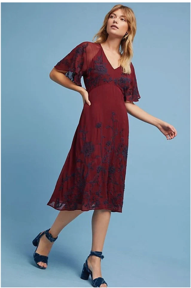 Nuevo Vestido Anthropologie Maeve Francoise Rojo Floral Bordado Midi Cuello en V Boho Foto 4 de 4