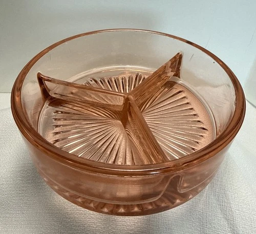 Vintage Pink Depression Glass Candy Nut Relish Divided Starburst Dish 5 1/4"