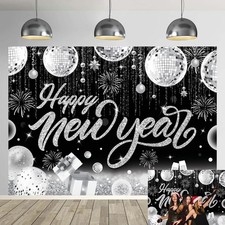Black Silver Happy New Year Backdrop 2026 Eve 7x5FT: 84x60 inch