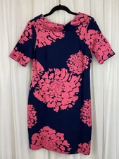 Trina Turk Sz 6 Olinda Blue Pink Floral 3/4 Sleeve Roll Neck Ponte Stretch Dress