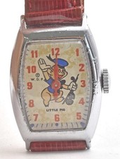 Vintage 1940s RARE Little Fiddler Pig Wrist Watch w/ original band US Time NICE!