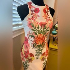 Forever 21 midi dress. White w/ red, orange & green floral detail. Form fit. S