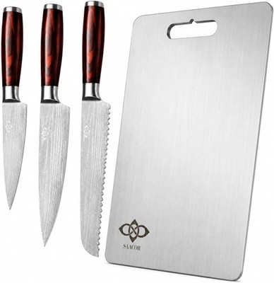 Metal board paired with chef, bread and paring knives, durable daily kitchen