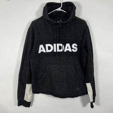 Adidas Hoodie Sweatshirt Womens Size Large Black Heathered Spellout Fleece