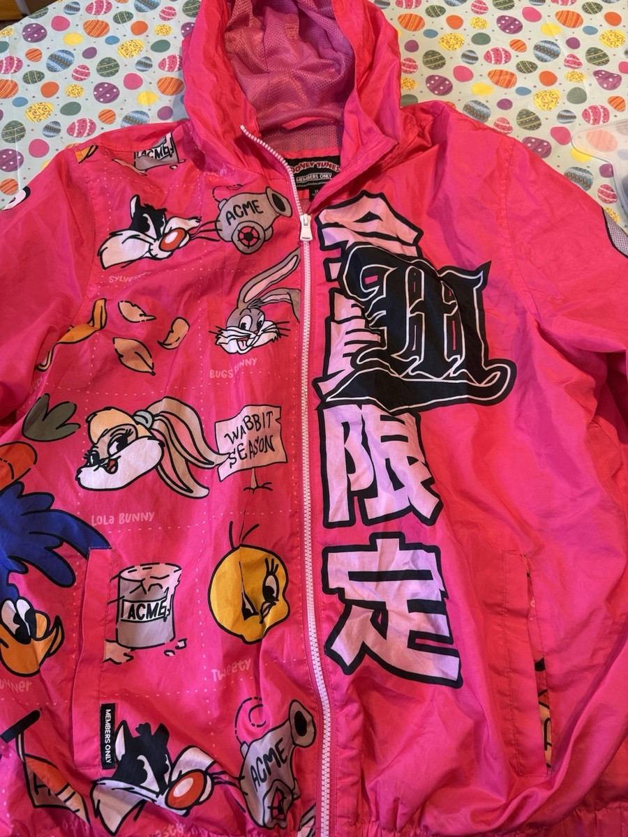 Members Only Looney Tunes Pink Hooded Windbreaker Jacket Men's 1X
