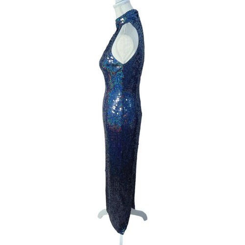 Adrianna Papell Evening Dress Navy Blue Iridescent Sequins Column Gown Size 2 - Picture 4 of 10