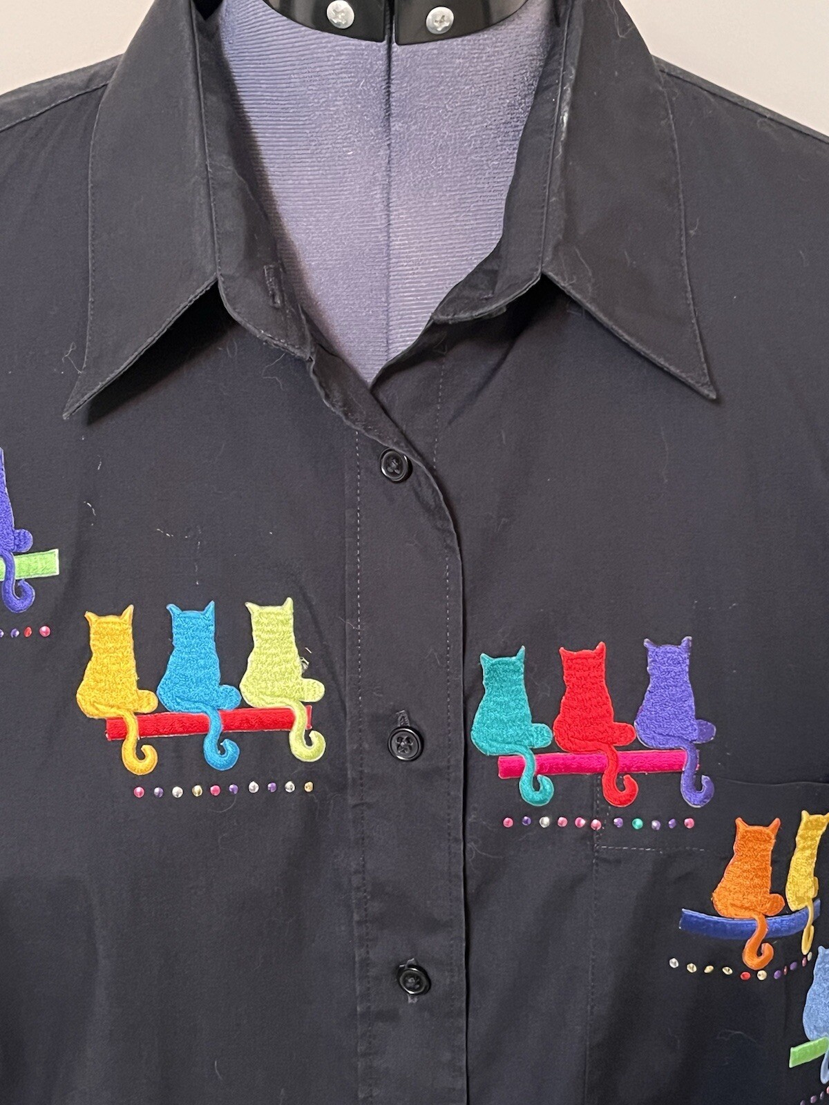 VTG XL Granny Core Cat Lady Button Down Black Shirt Embroidered P.B.G Grandma