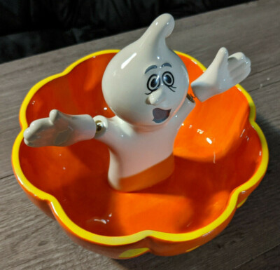 Department Dept. 56 Halloween Jiggle Arms Ghost in Pumpkin Candy Dish Bowl Decor