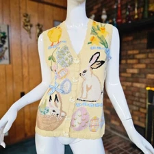 Vtg 90s Susan Bristol Novelty Easter Cottagecore Cardigan Knit Vest Sweater S