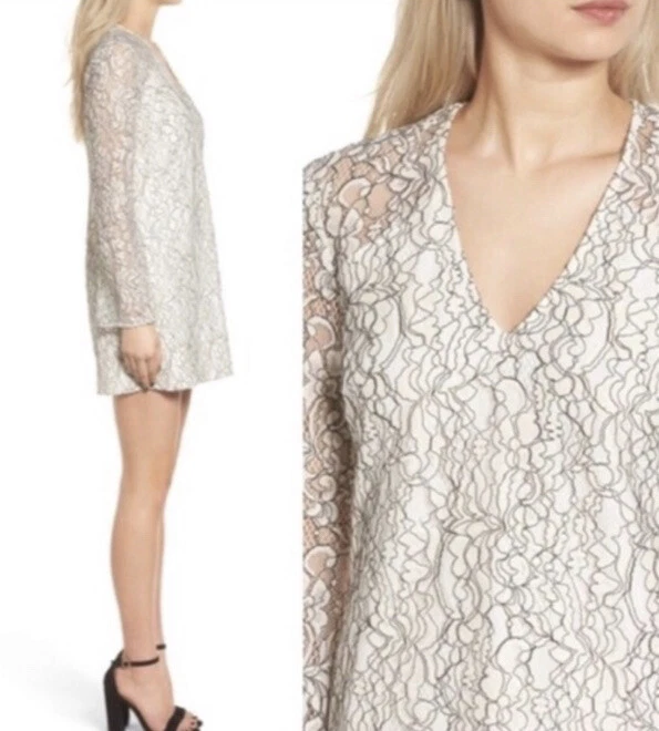 Nuevo Vestido de Encaje WAYF Manga Larga Campana Talla Mediana Forrado Blanco Foto 2 de 4