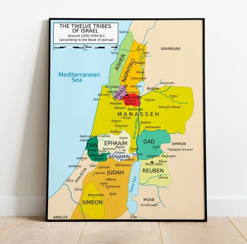 Map of 12 Tribes of Israel fr. 1200-1050 Book of Joshua Wall Art Poster Unframed