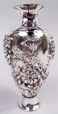 Antique Vase Meiji Art Nouveau Chrysanthemum Flower Asian Japanese Silver