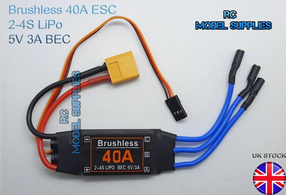 Controller ESC brushless 2-4S 40A con BEC 5V 3A per aereo elicottero RC ecc Regno Unito