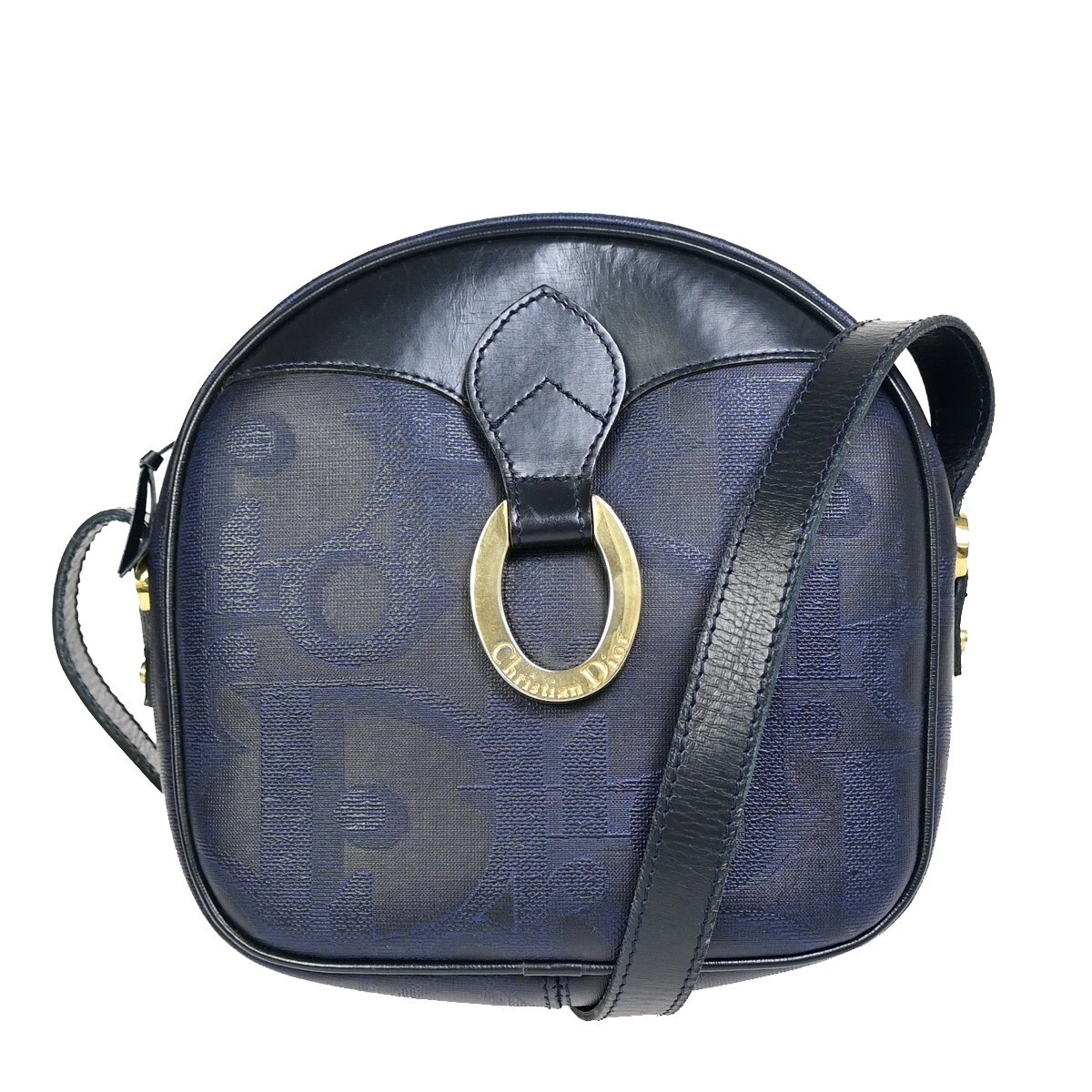 Sac bandoulière motif trotteur Christian Dior PVC cuir bleu marine or 32EB034