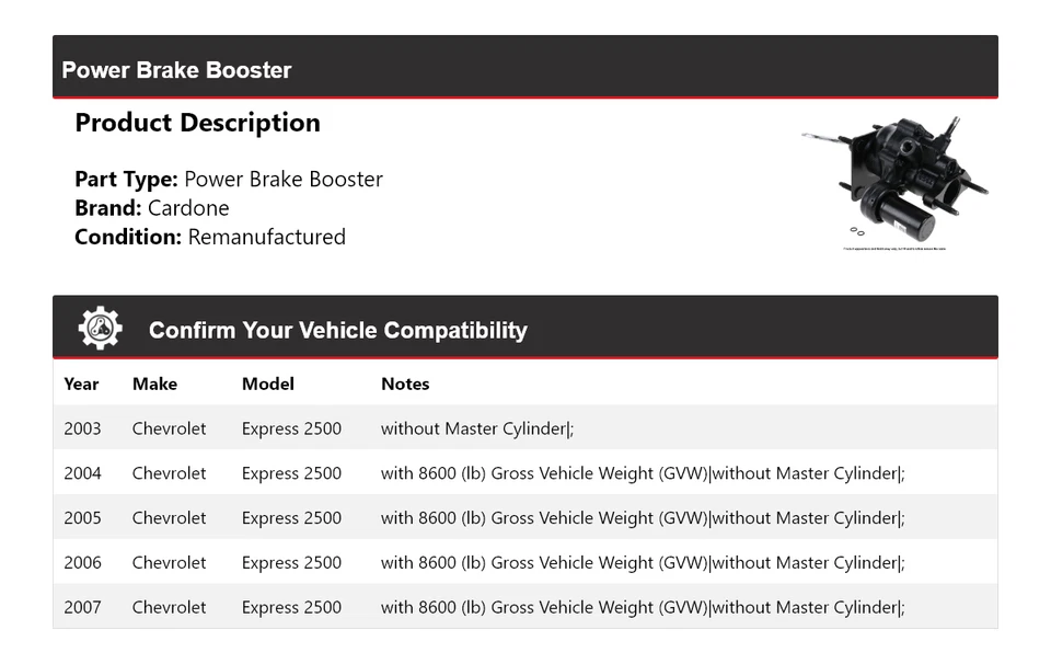 Para Chevrolet Express 2500 2003-2007 Potencia Brake Booster Cardone 2004 2005 2006 Foto 2 de 3