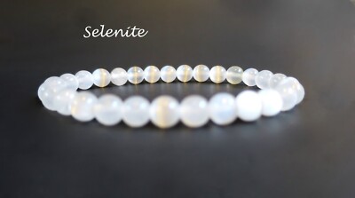 Selenite Crystal Bracelet, Calming Energy Natural Stone Beaded Stretchy, 6mm