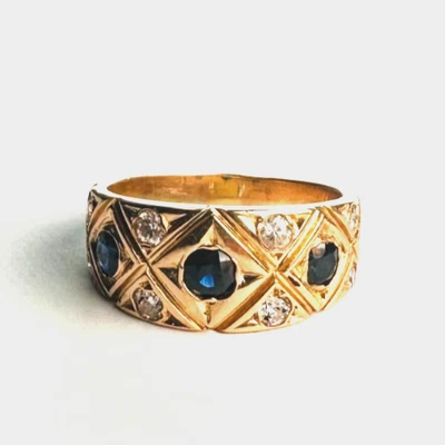 Damen Vintage Ring Fassung Italia 18k Gold massiv mit Saphiren & Diamanten - Bild 1 von 4