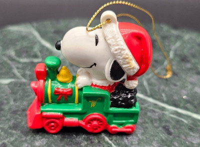 Vintage Snoopy On Train Peanuts Christmas Ornament PVC United Features Syn