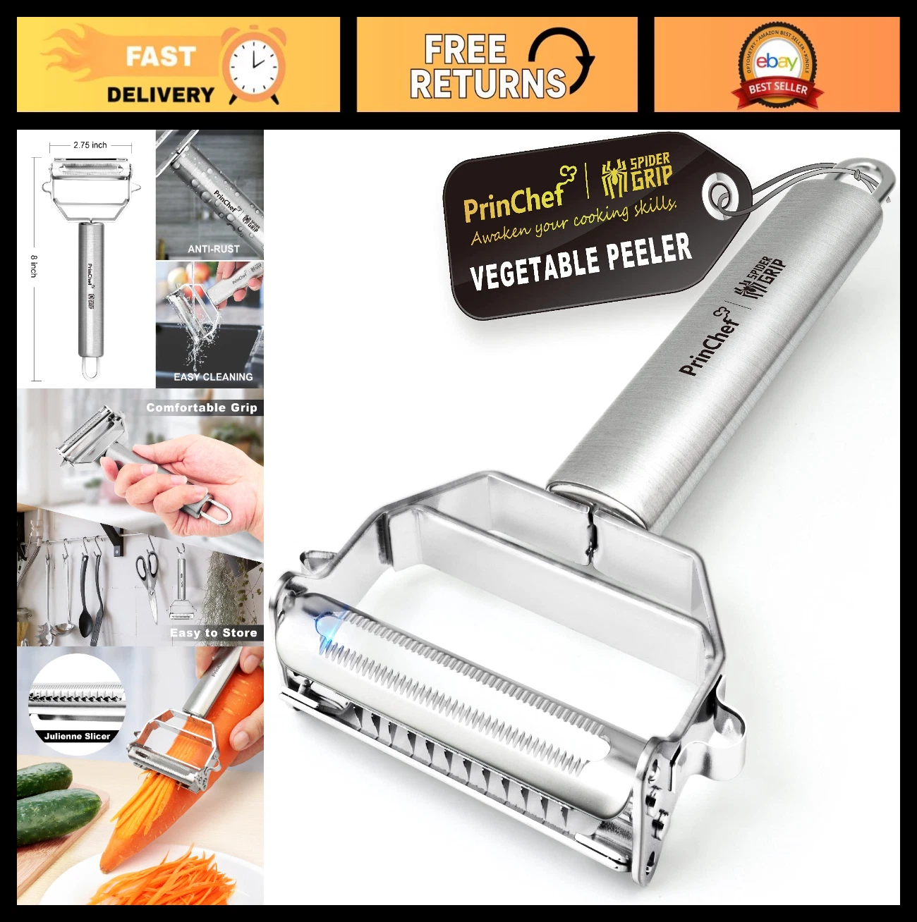 3-in-1 Vegetable Peeler | Ultra Sharp Julienne & Y Peeler | Anti-Slip Handle, St