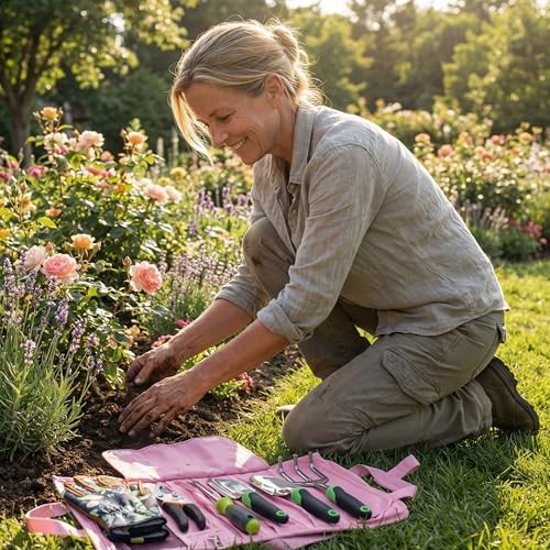 Borsa porta attrezzi da giardino, porta attrezzi da giardino arrotolabile con tasche profonde | 900D rosa - Foto 7 di 7