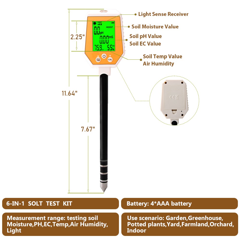 6-in-1 Soil Tester PH/EC/Moisture/Light/Air Humidity/Temp High Accuracy