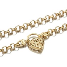 18K GL Solid Belcher Yellow Gold Necklace with Filigree Heart Padlock