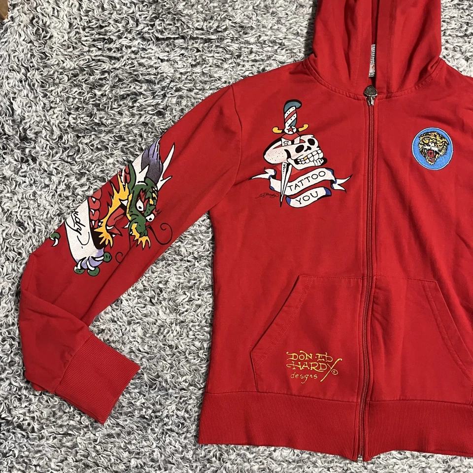 Chaqueta Don Ed Hardy Jóvenes Niñas Extra Grande Roja Cremallera Completa Con Capucha Bordada Y2K Foto 2 de 4