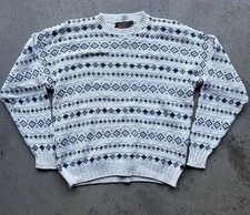Vintage Eddie Bauer Cable Knit Wool Sweater Men's Size Large White Blue Pattern