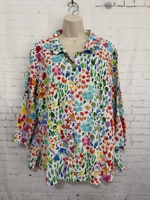 Ali Miles Button Up Top Women's Large Tunic Floral Art to Wear Linen Blend NWT