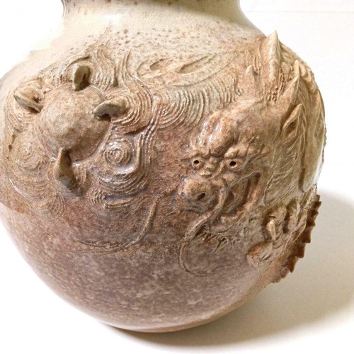 Vintage Dragon Vase Japanese Relief Carving Pottery Ikebana Jar Ornament 11 inch