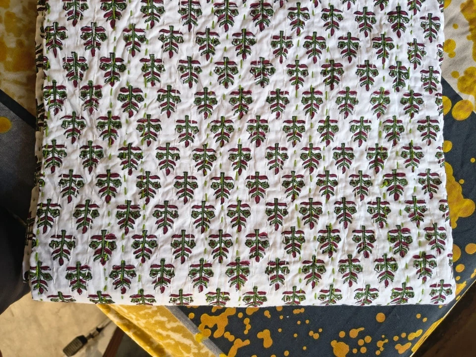 Indian Hand Block Print Green White Cotton Kantha Quilt Throw Blanket Bedspread - Image 4 of 4