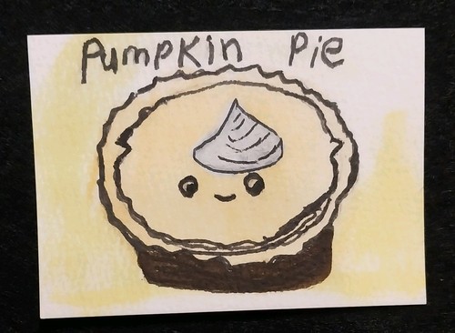 ACEO Painting Original Card 3.5X2.5 ATC Pumpkin Pie Food Fall Art GAT