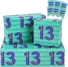 RUSPEPA Birthday Wrapping Paper Sheets with Gift 6 Count (Pack of 1), Age 13 