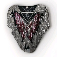 Vintage Silk Butterfly Sequin Top Sparkly    M V Neck